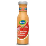 Remia Thousand Island salad dressing 250ml bottle, displaying the creamy, orange-colored dressing in a clear plastic bottle.