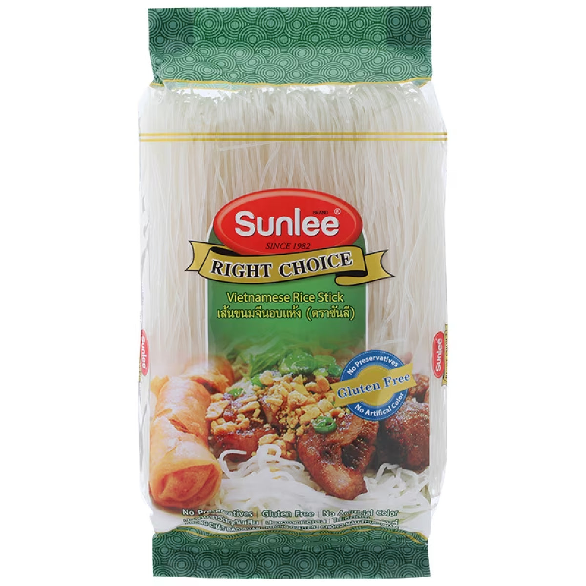 Sunlee Vietnam-style gluten-free rice sticks, rustic view of the packaged gluten-free rice snack for culinary use