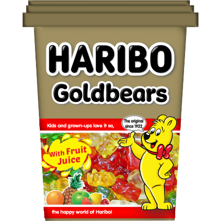 Colorful Haribo Gold Bears confectionery snacks in a clear bowl, showcasing bright gummy bear candies on a white background.