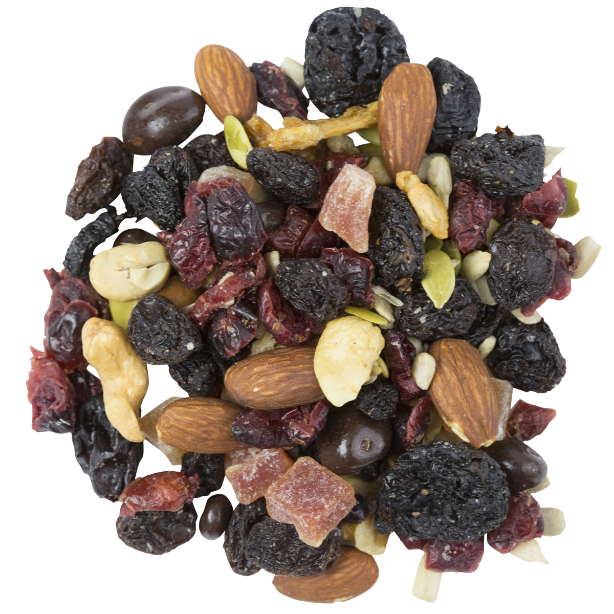 Assorted nuts energy mix in a Sunridge Farms confectionery snack bag with almonds, cashews, and dried fruits.