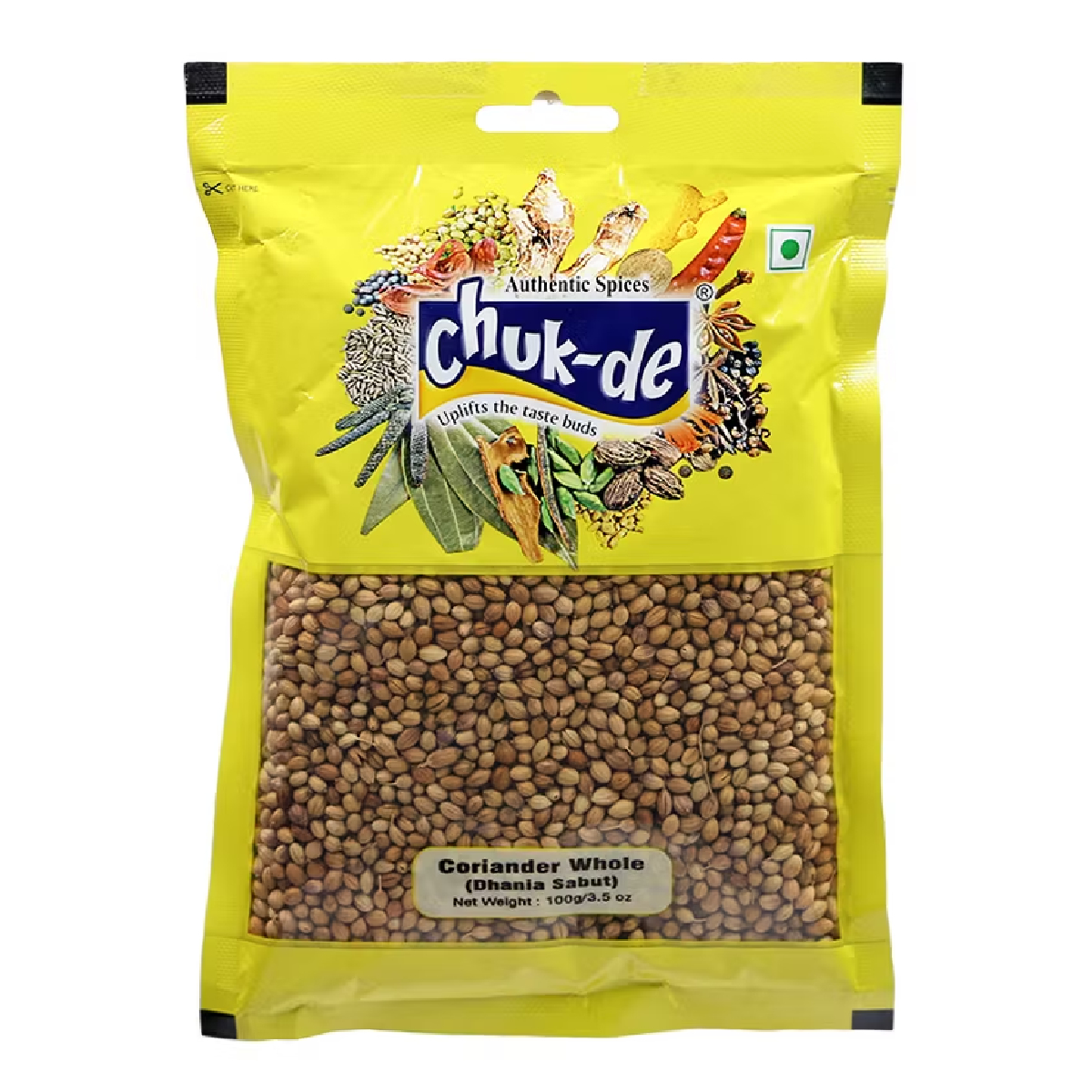 Whole Chuk-De Coriander spice in a clear jar, showing fresh, whole coriander seeds for cooking and seasoning.