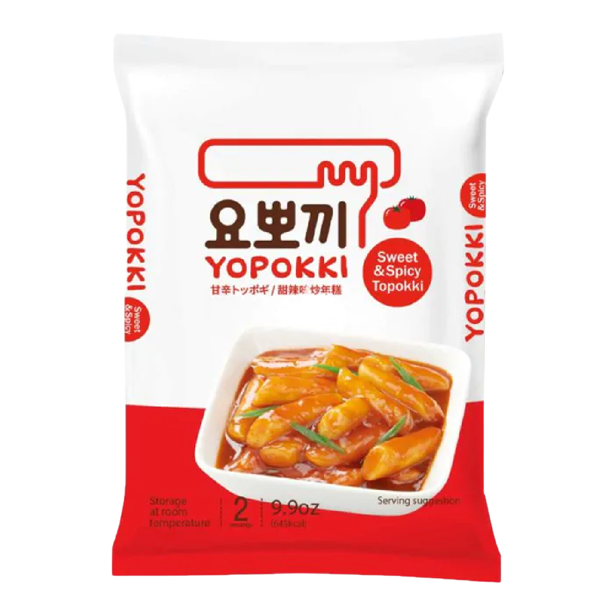 Spicy and sweet Yopokki Topokki in a grocery package, featuring Korean rice cakes with a vibrant sauce.