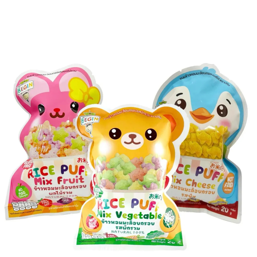 Begin Baby Rice Puffs, soft snack confectionery for babies, in colorful packaging with rice puff snacks visible in the image.