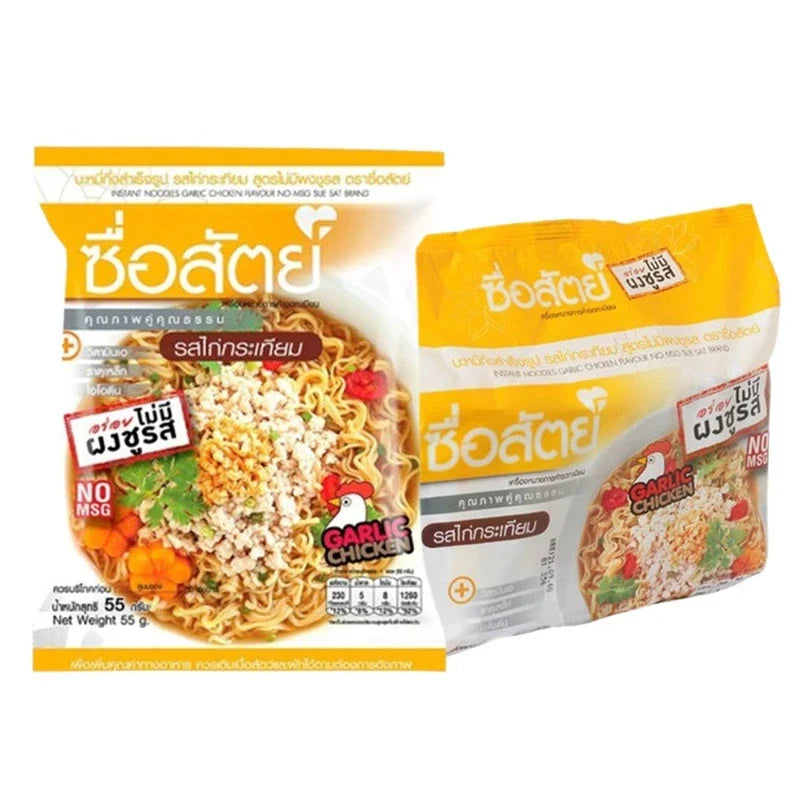 Suesat Sueasat garlic chicken flavor noodles in a dry grocery packet, ready for cooking or serving