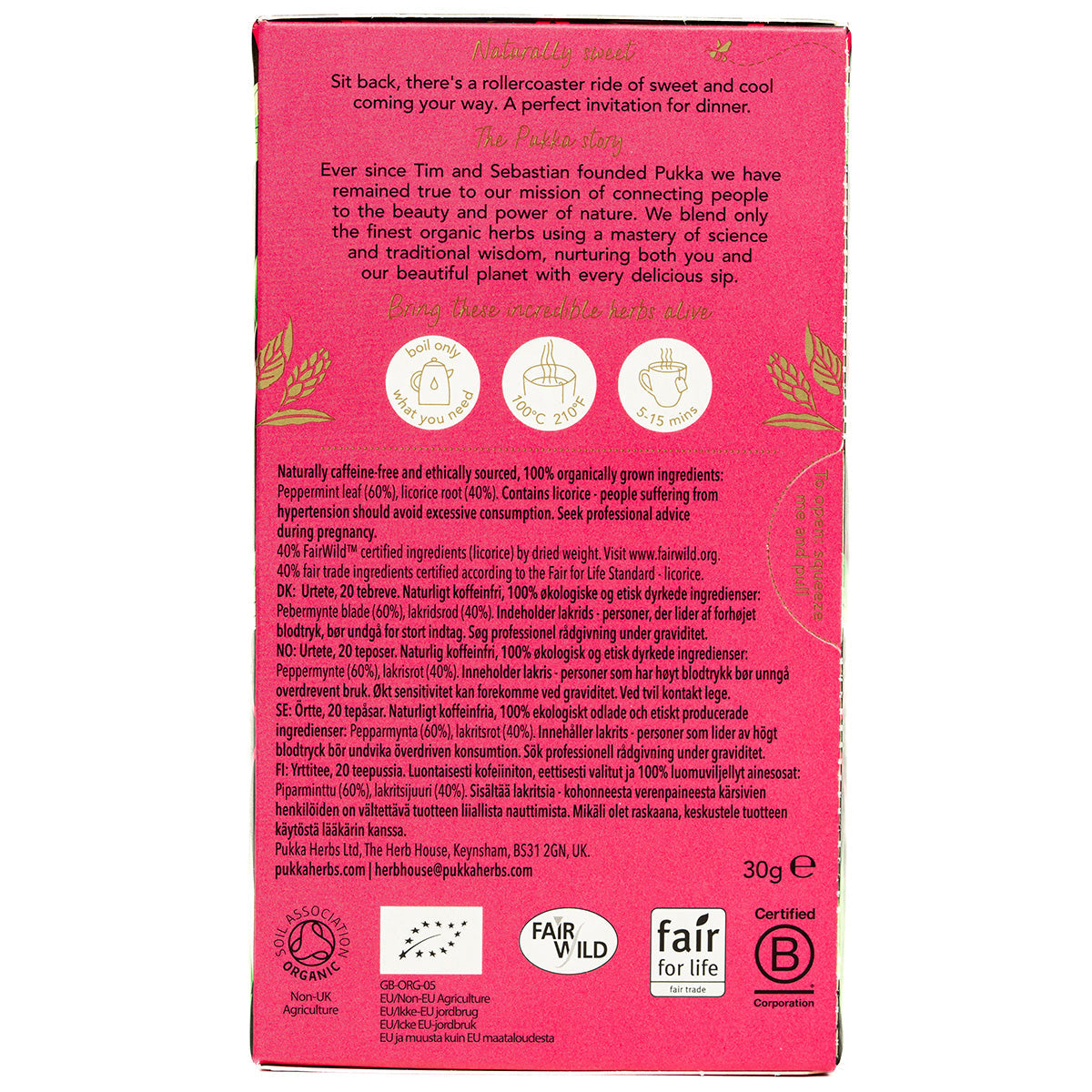 Pukka Peppermint & Licorice Tea Bags in a box, caffeine-free herbal tea for soothing and refreshing health benefits.