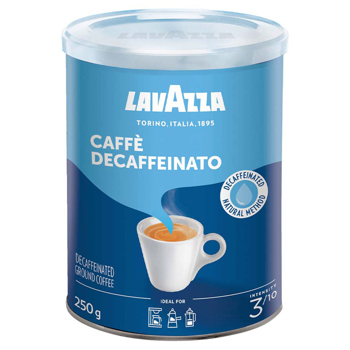 Ground Lavazza Dek coffee for brewing, showcasing the packaging and rich, dark coffee grounds in a natural setting.