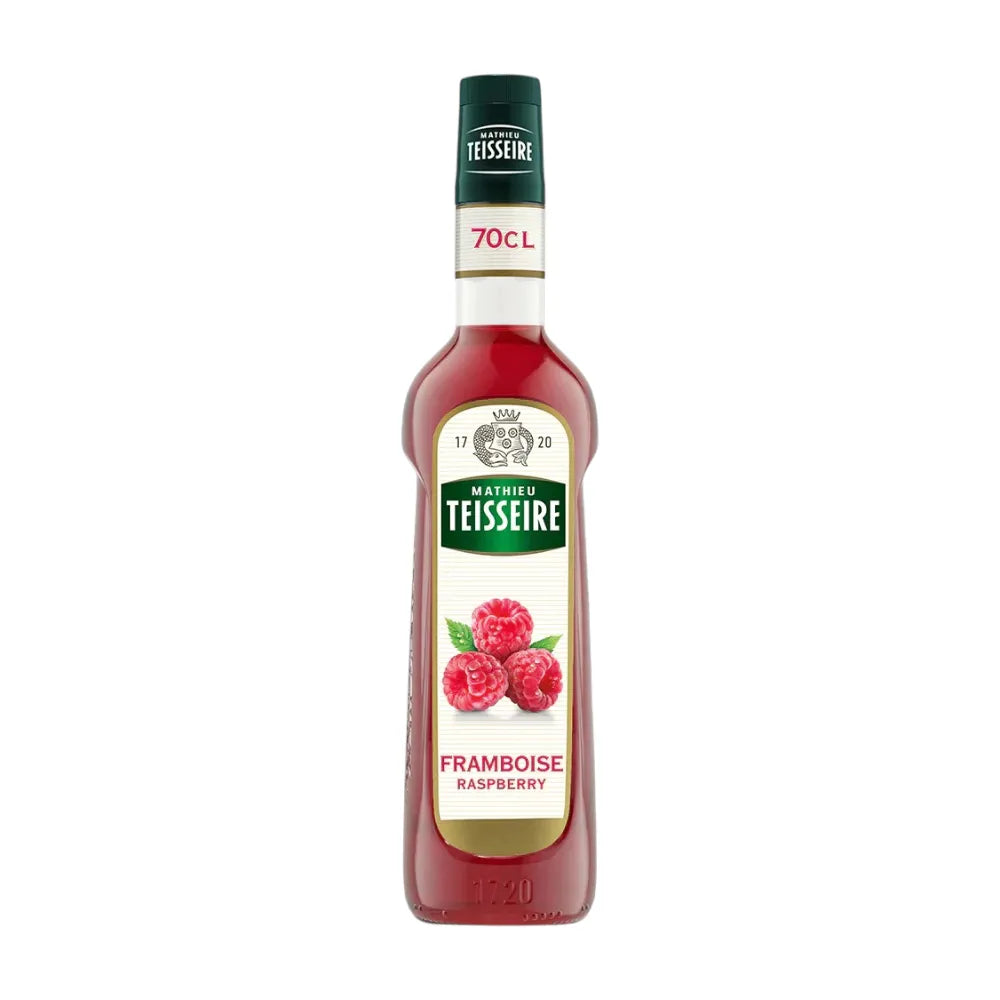 Mathieu Teisseire Raspberry Syrup 700ml bottle, clear plastic container with red raspberry-flavored syrup, for drinks and desserts