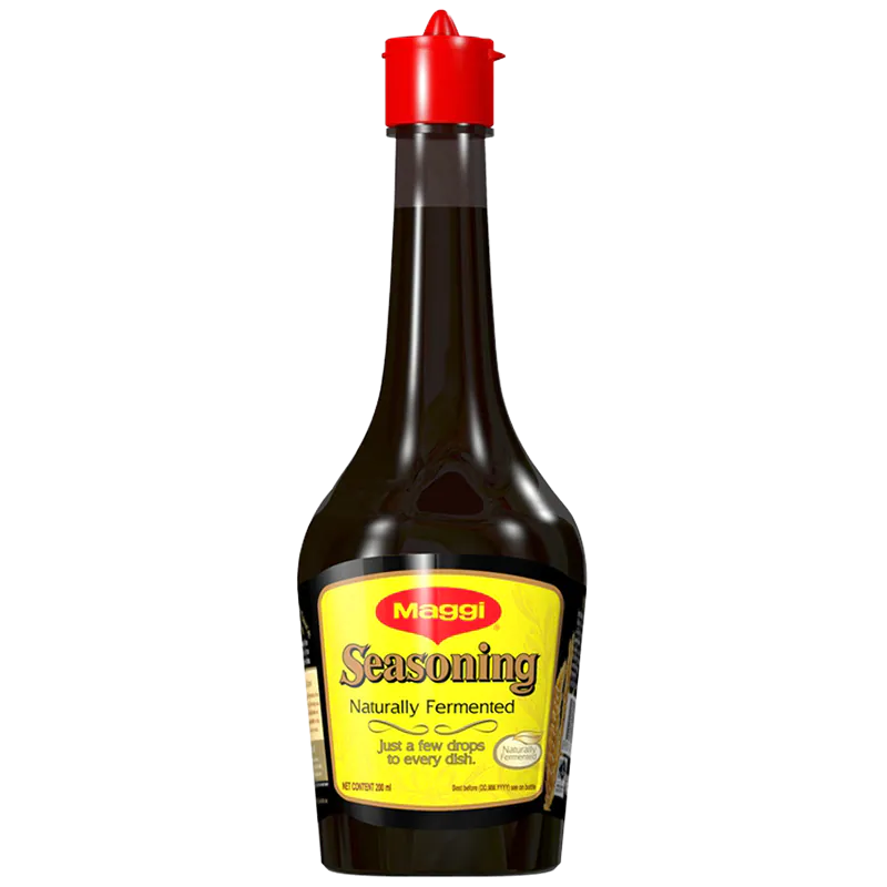 Bottle of Maggi seasoning sauce for cooking, with a yellow cap and clear label, placed on a kitchen countertop.