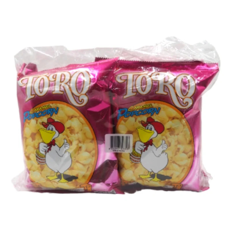 TORO Popcorn Extrude snack, 80g x4 packs, dry grocery snack with crunchy popcorn confectionery in colorful packaging.