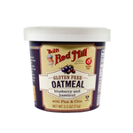 Bowl of Bob's Red Mill oatmeal with blueberries and hazelnuts, showcasing the fresh ingredients and hearty breakfast option.