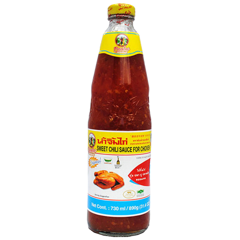 Bottle of Pantainorasingh Sweet Chilli Sauce for groceries with red chili and sweet glaze label.