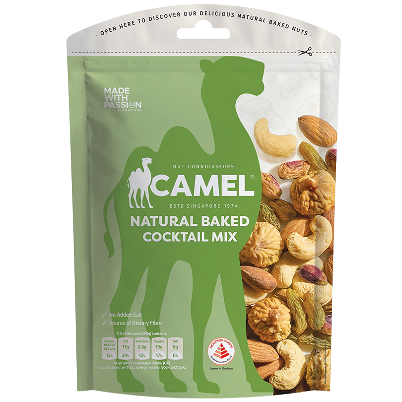 Camel Natural Mixed Nut Cocktail snack featuring a variety of roasted nuts in a colorful mix, perfect for healthy snacking.