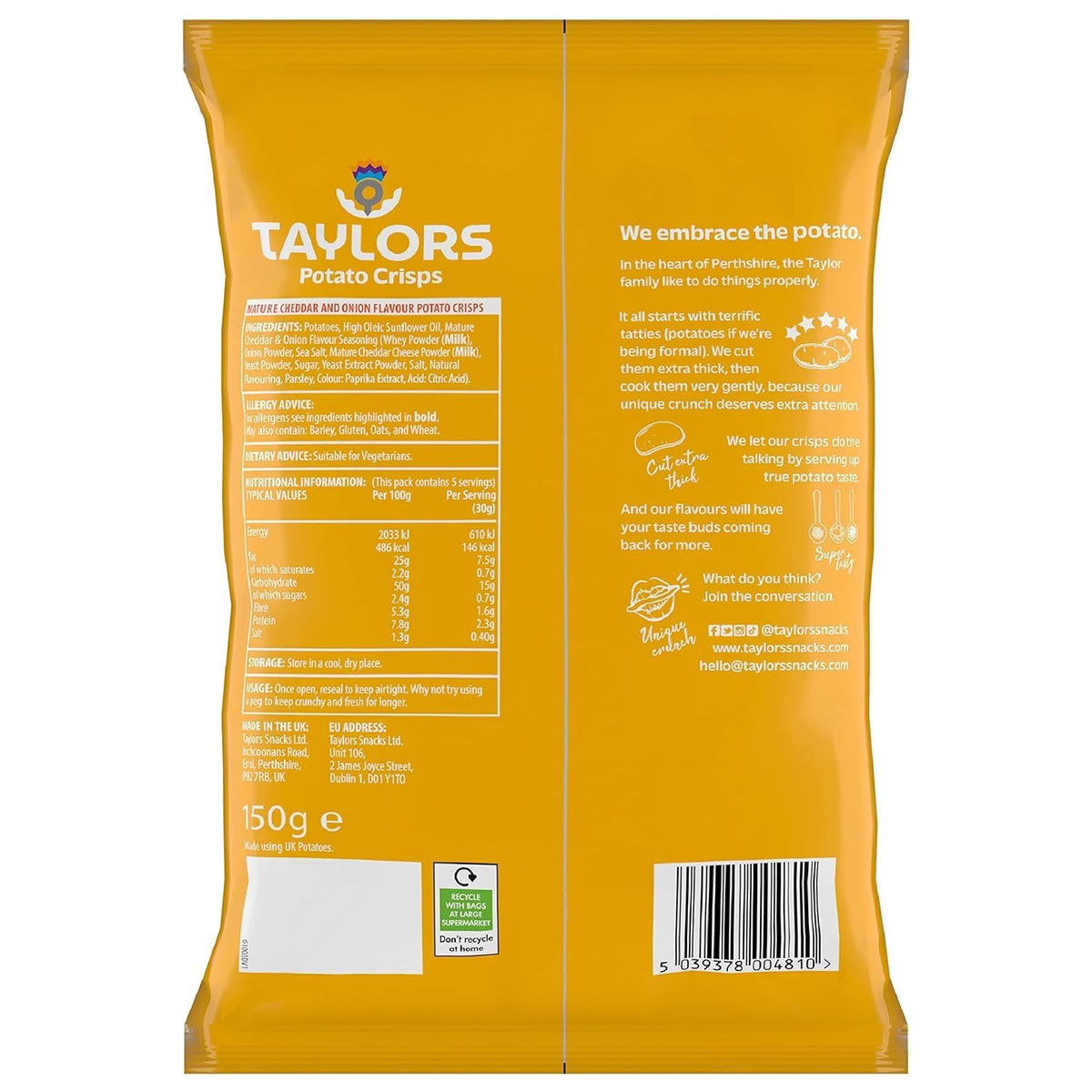 Taylors Mature Cheddar & Onion Flavour Potato Crisps in a colorful bag, showcasing crispy snacks with cheesy and onion flavors.