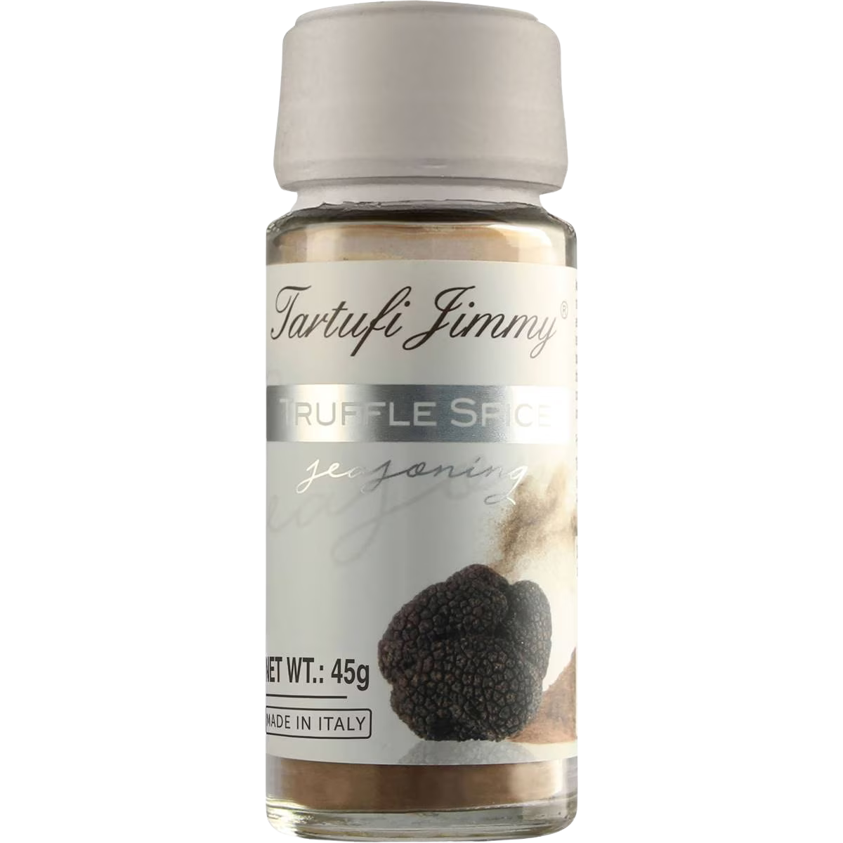 Jar of Tartufi Jimmy Truffle Spice with black truffle flakes, packaging label visible, used for gourmet cooking and seasoning.