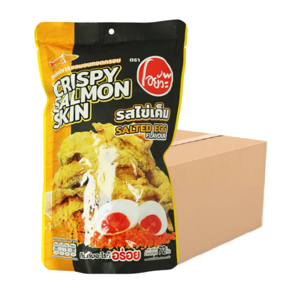 O-yua Fish Skin Crispy Fried Salmon Snacks with Salted Egg Flavor, 72g, showing golden, crunchy fish skin snack pieces.
