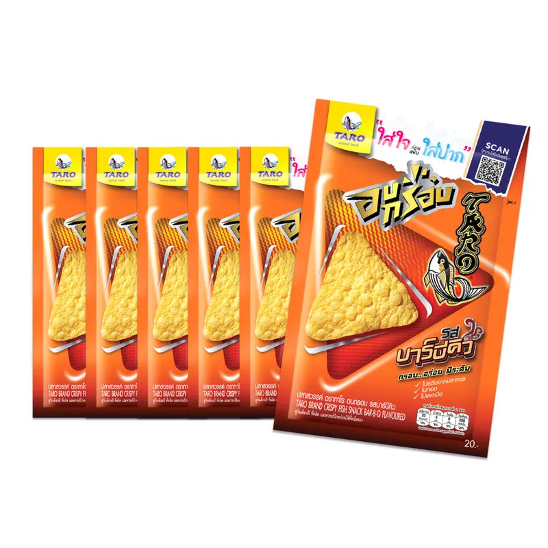 TARO Crispy Fish Snack Barbecue Flavored 18g, pack of six, dry grocery snack with crunchy fish pieces and smoky barbecue flavor.