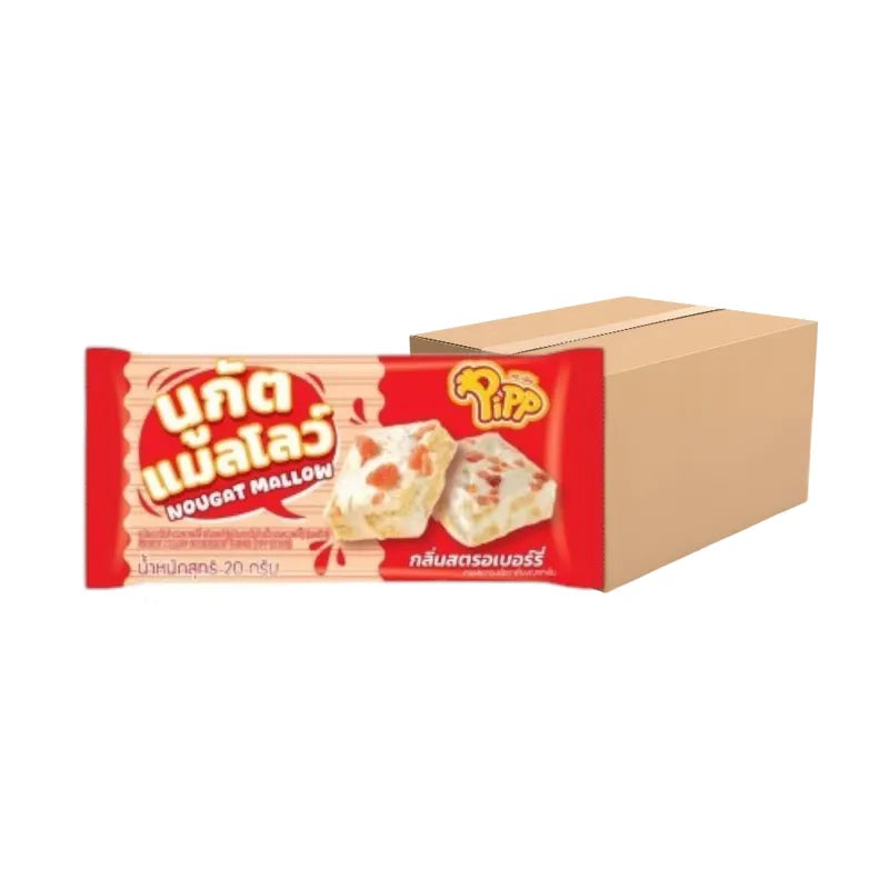 PIPP Pipp Nougat Mallow Strawberry Flavor snack pack, 20g x12 pieces, displaying individually wrapped strawberry-flavored marshmallow confections.