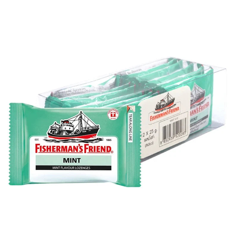 Fisherman's Friend Mint Lozenges in a pack of 12, popular dry grocery mint candies by Fisherman's Friend.