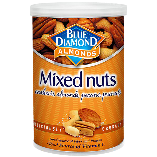 Blue Diamond Mixed Nuts in a clear bowl, showcasing a variety of almonds, cashews, and pecans, as a colorful snack display.