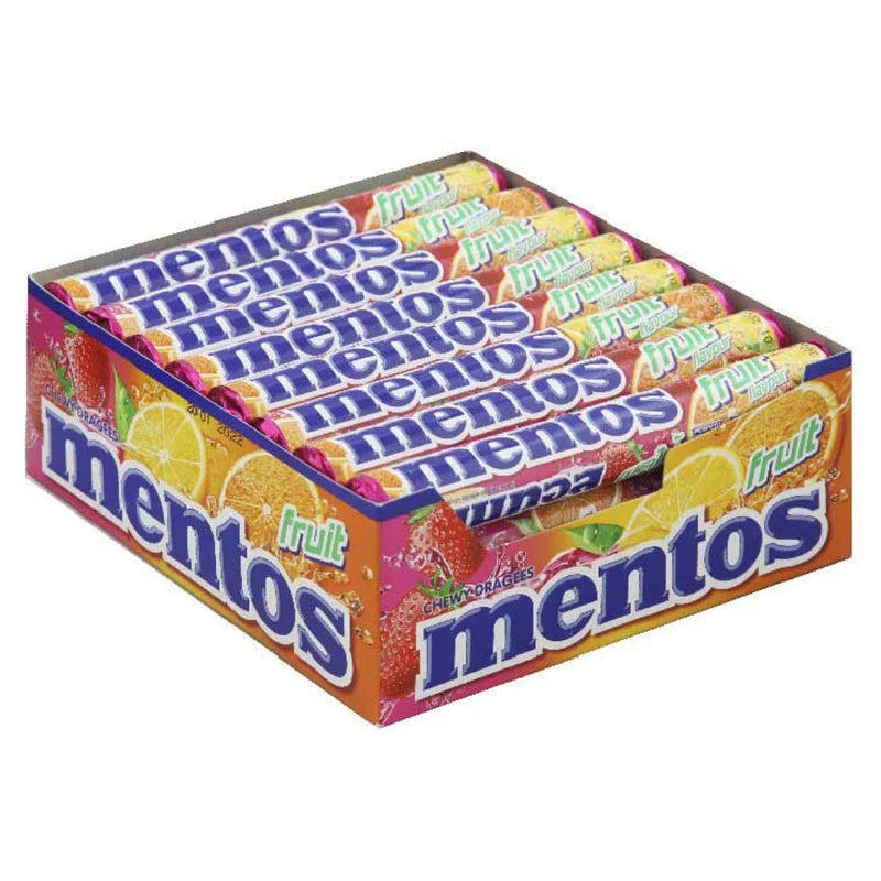 Mentos Soft Candy Fruit Flavour 29.7g in bright packaging, showing colorful fruit-flavored chewy candies from the MENTOS snack range.