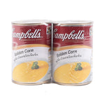 CAMPBELL'S Cream of Sweet Corn condensed soup cans, 305g each, showing the product label and packaging.
