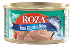 Canned Roza Tuna Chunk in Brine in a metal can, ready for cooking or salads, with a label displaying product details.
