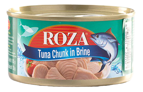 Canned Roza Tuna Chunk in Brine in a metal can, ready for cooking or salads, with a label displaying product details.