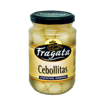 Jar of Fragata Cocktail Onions in a glass container, showcasing small, pickled onions ideal for cocktails and garnishes.