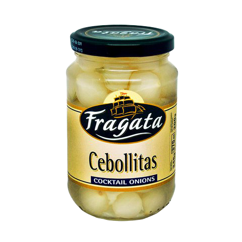 Jar of Fragata Cocktail Onions in a glass container, showcasing small, pickled onions ideal for cocktails and garnishes.