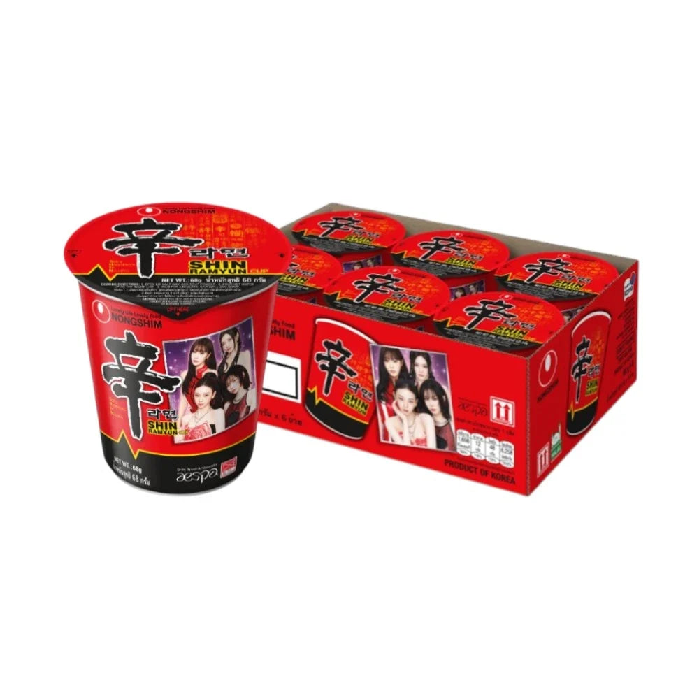 Nongshim Shin Cup Noodle Soup in a 6-tray package, dry grocery product with instant noodle cups and flavorful broth.