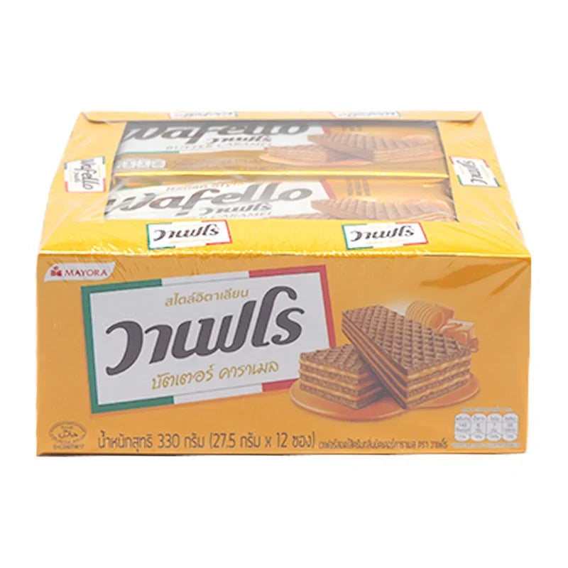 Wafello Unsalted Butter Caramel snack pack, 35g x12, dry grocery confectionery with creamy caramel flavor and crispy texture.