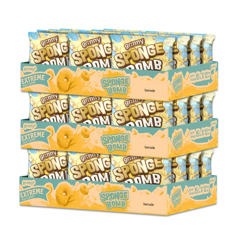 Grinny Sponge Bomb Snack Extreme Milk flavor, 15g x 3 packs, dry grocery confectionery with soft sponge candy texture.