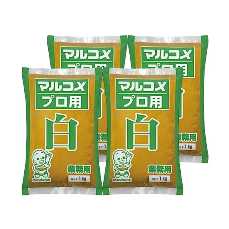 Marukome Shiro Miso White made with soybeans in a dry grocery package, showcasing a jar of traditional Japanese miso paste.