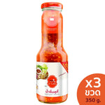 Three 350g glass bottles of J-LEK Jae Lek Suki Sauce for dry grocery use, featuring clear labels and dark sauce inside.