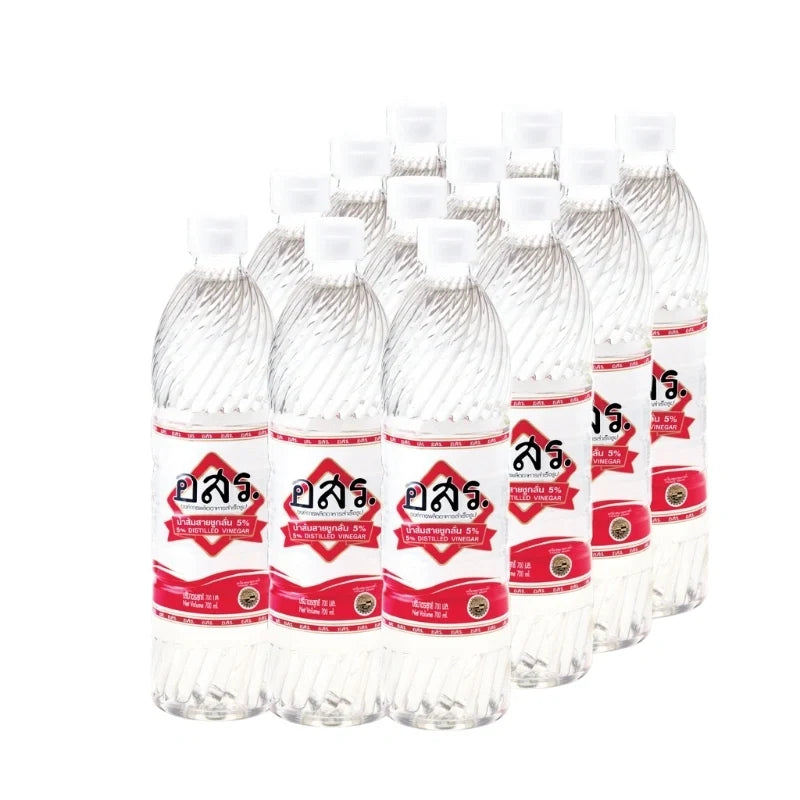 Aor Sor Ror distilled vinegar 5% in a clear glass bottle, suitable for cooking and salad dressings in dry grocery aisle.