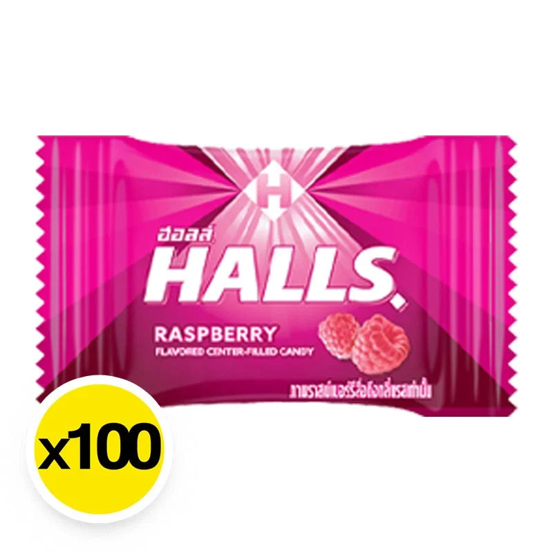 Halls Raspberry Candy in bright packaging, showing the sweet raspberry-flavored lozenges for dry grocery and snack confectionery.