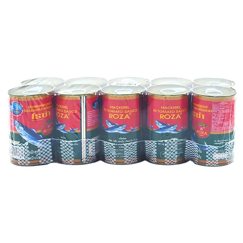 Canned mackerel in tomato sauce by ROZA, 155g per can, shown in a package of 10 cans, ideal for quick meals and seafood dishes.