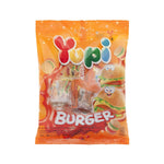 Yupi Gummy Mini Burger confectionery snack with colorful gummy burger-shaped candies on a white background.