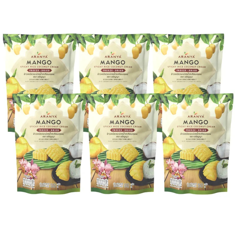 Aranya Mango Sticky Rice snack with crispy coconut flavor, freeze-dried, 50g, Thai-inspired confectionery snack.