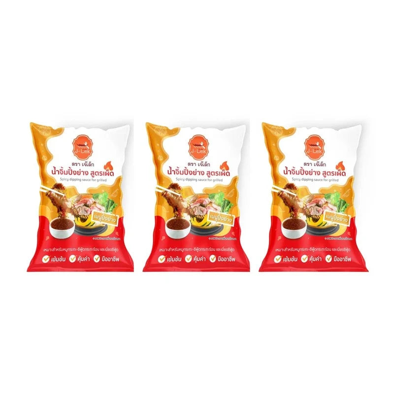J-LEK Spicy Grilling Dipping Sauce in 000g bags, dry grocery product with vibrant sauce and packaging details.