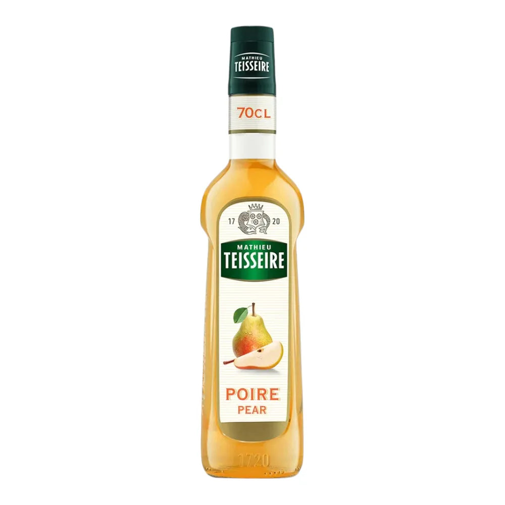 Matthieu Teisseire Pear Syrup bottle, 700ml, in a clear plastic container with a colorful label, suitable for drinks and desserts.