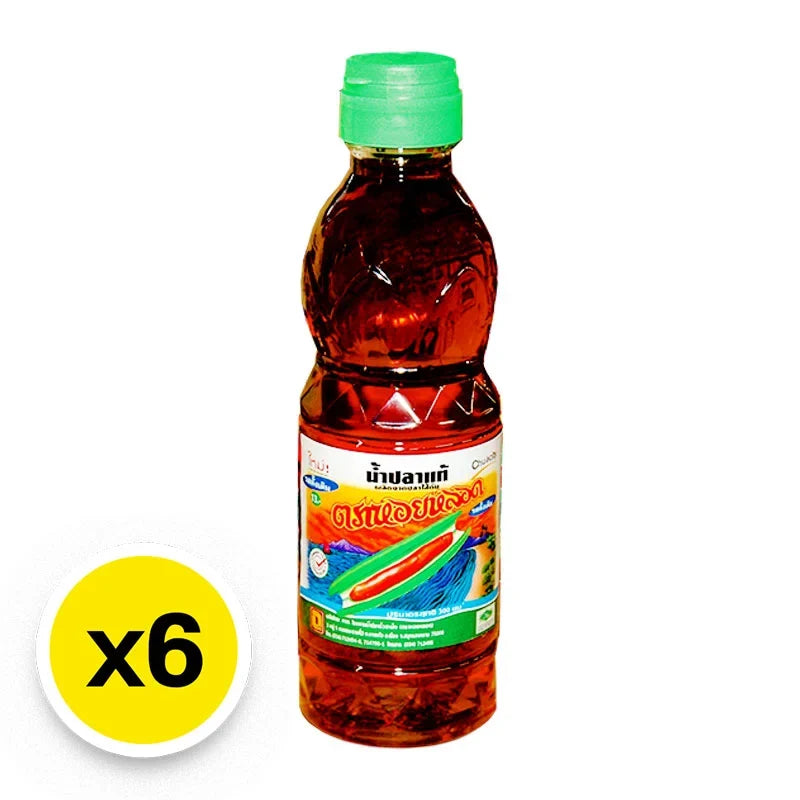 Six 300ml bottles of Razorclam Fish Sauce, a popular dry grocery condiment, shown in clear bottles with dark liquid inside.