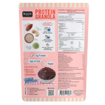 Delalita Dark Chocolate Protein Granola in a bowl, showing crunchy granola clusters with dark chocolate pieces and a spoon.