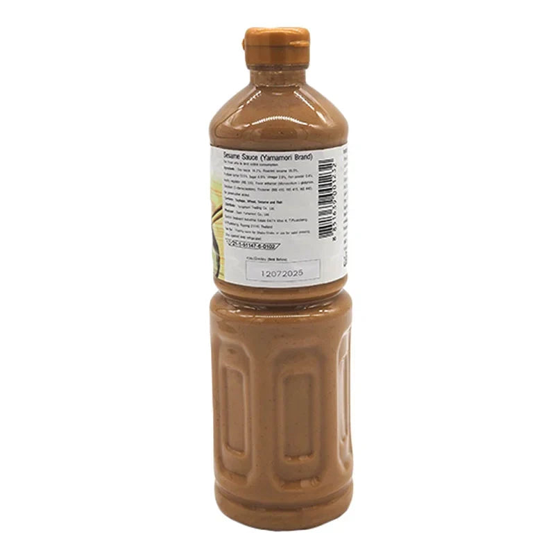 Yamamori Sesame Sauce 1L bottle, Japanese dry grocery condiment with rich sesame flavor, shown in a clear image.