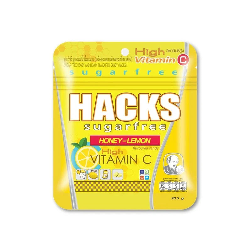 Hacks Sugar-Free Lemon Candy 20.5g, dry grocery snack with lemon flavor, in colorful packaging, suitable for sugar-free treat lovers