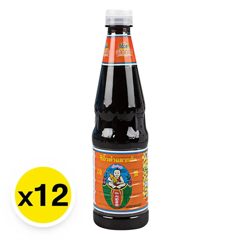 DEK SOM Boon Black Soy Sauce Formula 5 in 940ml bottles, a dark soy sauce for cooking, stacked in a grocery setting.