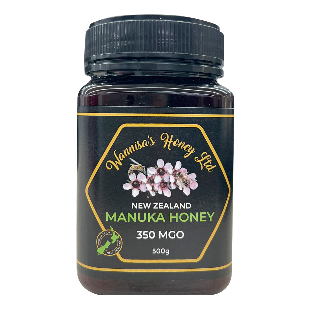 Jar of Wannisa New Zealand Manuka Honey 350 MGO with golden honey visible inside on a white background.