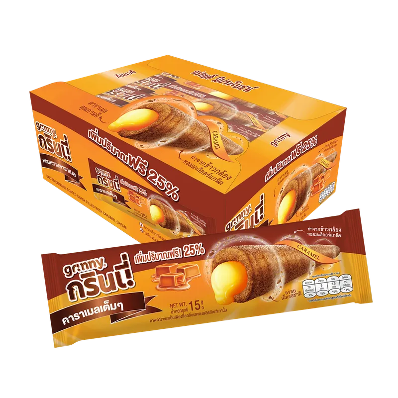 GRINNY Salted Caramel Snack Filled, 15g x3, packaged dry grocery snack with salted caramel filling in a clear wrapper.