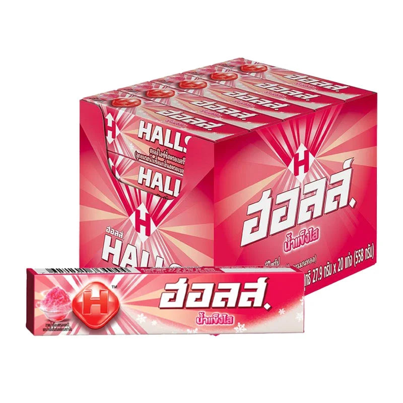 Halls Icy Strawberry Syrup Stick pack with 20 chewy snack sticks, part of Halls dry grocery and confectionery snacks collection.