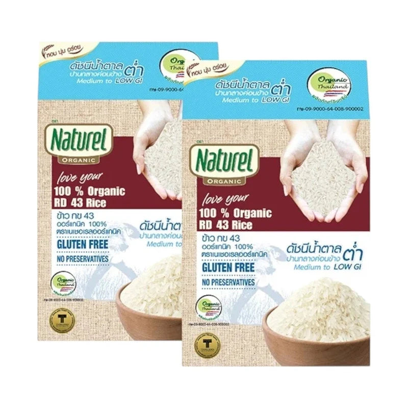 Organic Naturel Rice RD43 in 1kg packs, shown in a clear image, ideal for dry grocery shopping and healthy cooking.